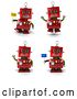 Clip Art of Retro 3d Red Robot Waving Jumping and Holding Flags by Stockillustrations