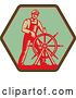 Clip Art of Retro Captain Steering a Helm on a Green Sign by Patrimonio