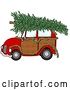 Clip Art of Retro Cartoon Red Woody Car Decorated with a Garland and a Christmas Tree on the Roof by Djart