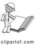 Clip Art of Retro Halftone Explorer Ranger Guy Reading Big Book While Standing Beside It by Leo Blanchette