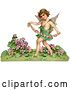 Clip Art of Retro Valentine of a Cupid Playfully Running Through a Garden and Carrying a Garland of Flowers, Circa 1888 by OldPixels