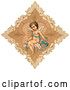 Clip Art of Retro Valentine of a Cute Cupid Draped in a Blue Ribbon, Sitting on Pink Flowers in the Center of a Delicate Diamond by OldPixels