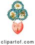 Clip Art of Retro Valentine of a Heart Locket Suspended from Rings of Blue Flowers Around White Daisies with a Gold Skeleton Key Circa 1890 by OldPixels