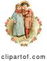 Clip Art of Retro Valentine of a Sweet Little Boy and Girl Strolling Arm in Arm, Looking off to the Side, Circled by a Heart of Pink Roses Circa 1886 by OldPixels