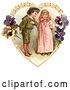Clip Art of Retro Valentine of a Sweet Little Boy Trying to Woo a Little Girl in a Heart of Leaves and Pansy Flowers, Circa 1890 by OldPixels