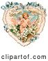 Clip Art of Retro Valentine of Cupid with Ribbons, Prancing in White Lily of the Valley Flowers on a Lacy Heart with Forget Me Not Flowers, Circa 1890 by OldPixels