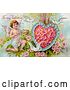 Clip Art of Retro Valentine of Three White Doves Flying Around Cupid Aiming an Arrow at a Heart Made of Pink Poppies and Blue Forget Me Nots, Circa 1910 by OldPixels