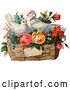 Clip Art of Retro Valentine of Two White Doves Nesting in a Basket of Forget Me Nots and Roses, Circa 1890 by OldPixels