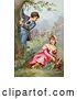Clip Art of Retro Victorian Scene of a Little Boy Climbing a Tree While Showing off for a Girl As She Picks Flowers in a Garden, Circa 1890 by OldPixels