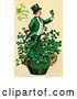 Clip Art of Retro Victorian St Patrick's Day Scene of a Leprechaun or Isirh Guy Standing in a Pot of Shamrocks, Holding a Clover, Circa 1910 by OldPixels