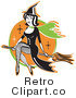Royalty Free Retro Vector Clip Art of a Witch Riding Her Broom Stick by Andy Nortnik