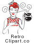 Royalty Free Vector Retro Clip Art of a 1950's Housewife Holding a Freshly Brewed Hot Pot of Coffee with Aroma Scents Swirling Around Her by Andy Nortnik