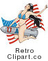 Royalty Free Vector Retro Clipart of a Sexy American Brunette Pin-Up Girl Riding a Rocket by Andy Nortnik