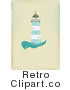 Royalty Free Vector Retro Illustration of a Green and White Lighthouse Beaconing Rays of Light over the Sea by Eugene