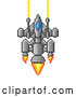 Vector Clip Art of a Pixelized Retro 8-Bit Spaceship Shooting Lazers with Flame Powered Jets by AtStockIllustration