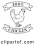 Vector Clip Art of a Retro '100 Percent Chicken' Food Banners with a Rooster in Black Lineart by AtStockIllustration