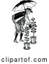 Vector Clip Art of a Retro Man with Umbrella Watering Plants by Prawny Vintage