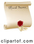 Vector Clip Art of a Retro Paper Official Decree Scroll with Blood Red Wax Seal by AtStockIllustration