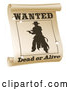 Vector Clip Art of a Retro Silhouetted Outlaw Wanted Dead or Alive Poster with Bullet Holes by AtStockIllustration