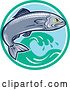 Vector Clip Art of Retro Aggressive Sardine Fish Jumping over Waves in a Circle by Patrimonio