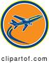 Vector Clip Art of Retro Airplane in Flight Inside a Yellow Blue White and Orange Circle by Patrimonio