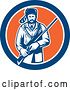 Vector Clip Art of Retro American Frontiersman, Davy Crockett, Holding a Rifle in a Blue White and Orange Circle by Patrimonio
