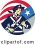 Vector Clip Art of Retro American Patriot Minuteman Revolutionary Soldier Holding a Flag Banner in a Circle by Patrimonio