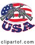 Vector Clip Art of Retro Armalite M-16 Colt Ar-15 Assault Rifles Crossed over an American Flag Oval with USA Text by Patrimonio