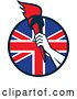 Vector Clip Art of Retro Athlete Holding up a Flaming Torch over a British Union Jack Flag Circle by Patrimonio