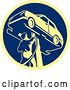 Vector Clip Art of Retro Auto Mechanic Working on a Car on a Lift in a Blue and Yellow Circle by Patrimonio