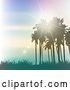 Vector Clip Art of Retro Background of Lighting Effects with Silhouetted Palm Trees Against a Blue Sunset with Light Flares and Grass by KJ Pargeter