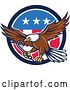 Vector Clip Art of Retro Bald Eagle Flying with a Towing J Hook over an American Circle by Patrimonio