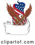 Vector Clip Art of Retro Bald Eagle Flying with Towing J Hooks over a Blank Ribbon Banner and American Flag by Patrimonio