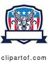 Vector Clip Art of Retro Bald Eagle Flying with Towing J Hooks over an American Shield with a Blank Banner by Patrimonio