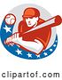 Vector Clip Art of Retro Ball Flying at a Male Baseball Player Batting Inside an American Circle by Patrimonio