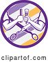 Vector Clip Art of Retro Barber Arms Holding a Brush and Comb over Scissors in a Purple White and Yellow Barber Pole Circle by Patrimonio