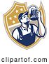 Vector Clip Art of Retro Bartender Holding up a Beer Mug over a Shield by Patrimonio
