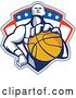 Vector Clip Art of Retro Basketball Player Holding a Ball over a Patriotic Shield by Patrimonio