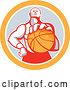Vector Clip Art of Retro Basketball Player Holding out a Ball in a Gray and Orange Circle by Patrimonio