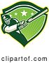 Vector Clip Art of Retro Batsman Cricket Player Swinging in a Green Shield with Stars and Sunshine by Patrimonio