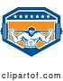 Vector Clip Art of Retro Bearded Muscular Male Bodybuilder Squatting with a Barbell in a Blue White and Orange Shield by Patrimonio