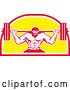 Vector Clip Art of Retro Bearded Muscular Male Bodybuilder Squatting with a Barbell in a Red White and Yellow Shield by Patrimonio