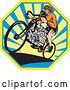 Vector Clip Art of Retro Bicyclist Riding a V8 Engine Bike over an Octogan of Rays by Patrimonio