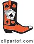 Vector Clip Art of Retro Black and Red Cowboy Boot with Playing Cards and Silhouettes of a Spade, Club, Diamond and Heart by Andy Nortnik