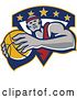 Vector Clip Art of Retro Black Basketball Player with a Ball over a Triangle with Stars by Patrimonio