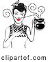Vector Clip Art of Retro Black Haired Waitress or Housewife Smelling the Aroma of Fresh Hot Coffee in a Pot 2 by Andy Nortnik