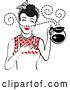 Vector Clip Art of Retro Black Haired Waitress or Housewife Smelling the Aroma of Fresh Hot Coffee in a Pot by Andy Nortnik