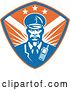 Vector Clip Art of Retro Black Security Guard over a Blue and Orange Shield by Patrimonio
