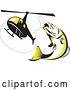 Vector Clip Art of Retro Black White and Yellow Barramundi Asian Sea Bass Fish Jumping and Swallowing a Fishing Line Attached to a Helicopter by Patrimonio