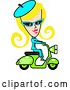 Vector Clip Art of Retro Blond Lady Dressed in Blue, Riding a Green Scooter by Andy Nortnik